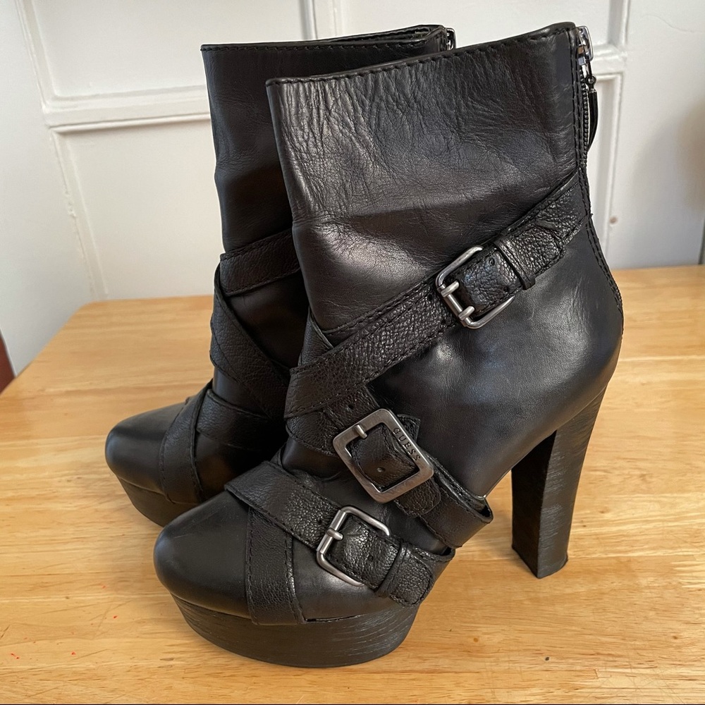 Guess black leather platform booties